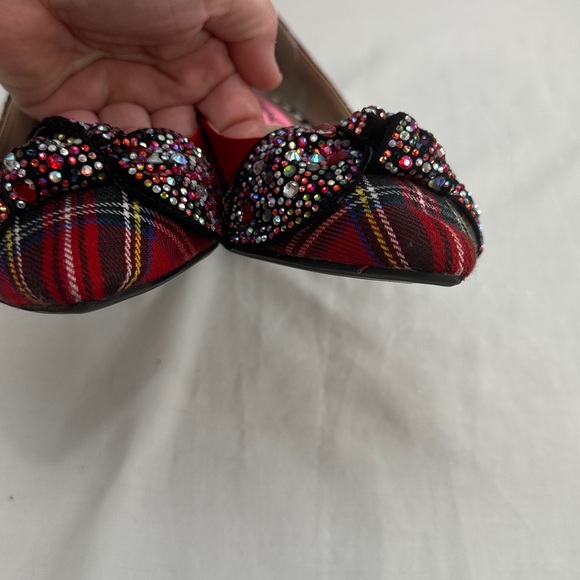 Betsey Johnson Red Tartan Plaid Lexie Kitten Heels Rhinestone Bows Shoes Sz 6m - Picture 7 of 13